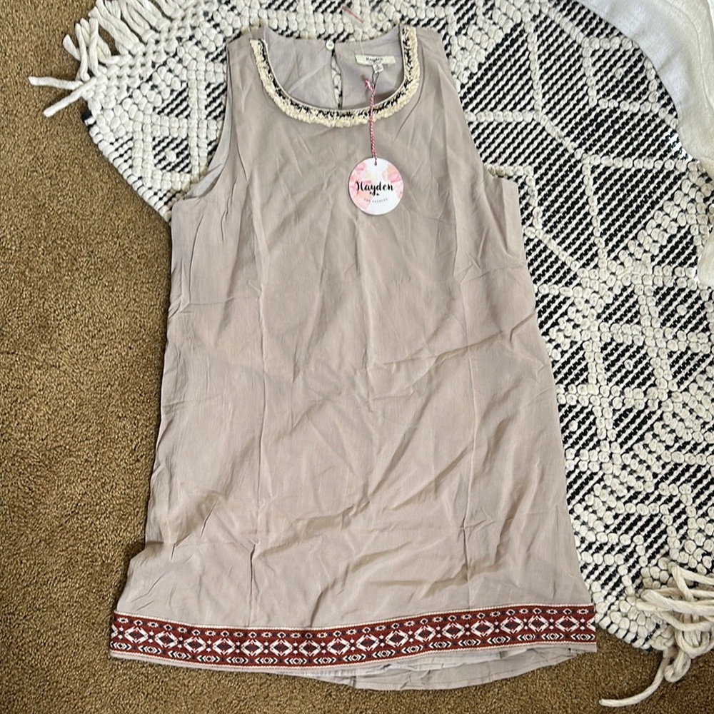 Beige Sleeveless Mini Dress with Embroidered Trim
